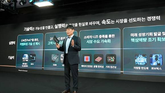 이규석 현대모비스 사장이 27일 서울 여의도 페어몬트 호텔에서 열린 '2025 CEO 인베스터 데이'에서 미래 성장 전략과 구체적인 실행 계획을 발표하고 있다. [사진=현대모비스]