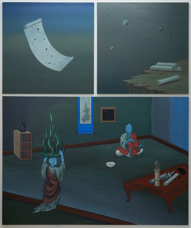 박찬경, 〈혜통선사〉, 2025. 캔버스에 유화. 80 × 80 cm (2점); 112 × 161 cm. / 작가 제공