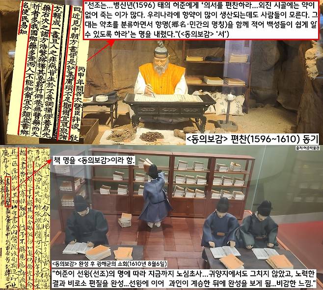 <허준은 “약이 없어 죽는 백성들을 구하기 위해 우리나라에서 나는 약초를 향명(鄕名)을 함께 적어 백성들이 쉽게 알 수 있도록 하라”는 선조의 명을 받들어 <동의보감>을 편찬했다. <동의보감>은 1610년 8월6일 14년 만에 완성됐다.