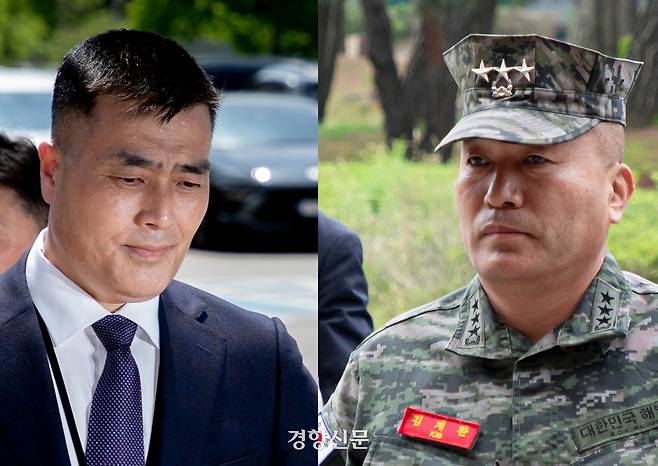 박정훈 전 해병대 수사단장(대령·왼쪽 사진)과 김계환 전 해병대 사령관이 지난해 5월21일 해병대 채모 상병 사망사건의 수사외압 의혹을 수사하던 경기 과천시 고위공직자범죄수사처로 들어서고 있다. 문재원 기자