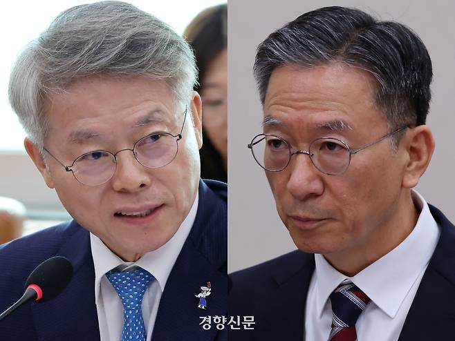 더불어민주당 ‘국민주권 검찰 정상화 특별위원회’(검정특위) 위원장인 민형배 의원(왼쪽)과 민주당 5선 의원인 정성호 법무부 장관. 박민규 선임기자