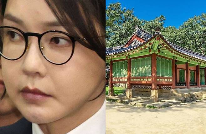 김건희 씨와 종묘 망묘루. 연합뉴스/국가유산청 궁능유적본부