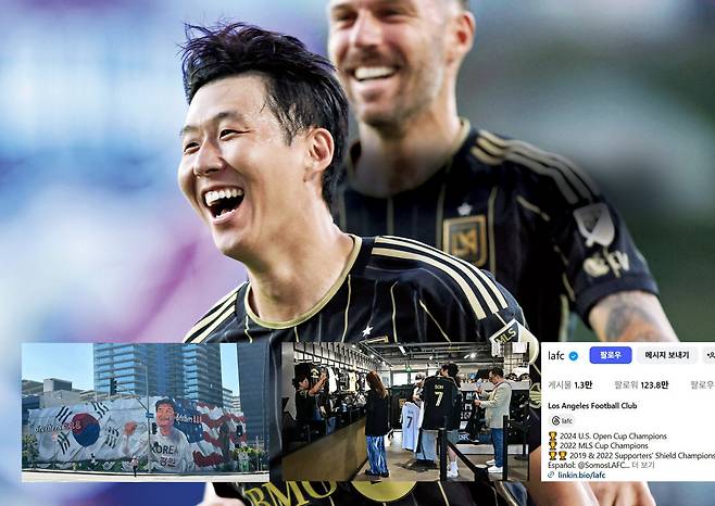 손흥민의 미국프로축구(MLS) LAFC 이적 효과가 뜨겁다. LA 한인타운 길거리에는 손흥민의 벽화가 등장했고(왼쪽 작은 사진), 유니폼 판매량은 리오넬 메시의 3배에 달했다(가운데 작은 사진). AFP연합뉴스·LAFC홈페이지·LAFC 공식 인스타그램