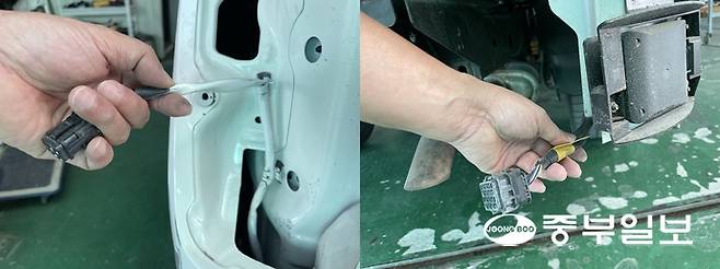 브레이크틍 근처의 전선이 흰색으로 도색돼있는(좌측사진) 반면 오른쪽은 검은색 전선으로 상반된 모습(우측사진)이다. 김이래 기자