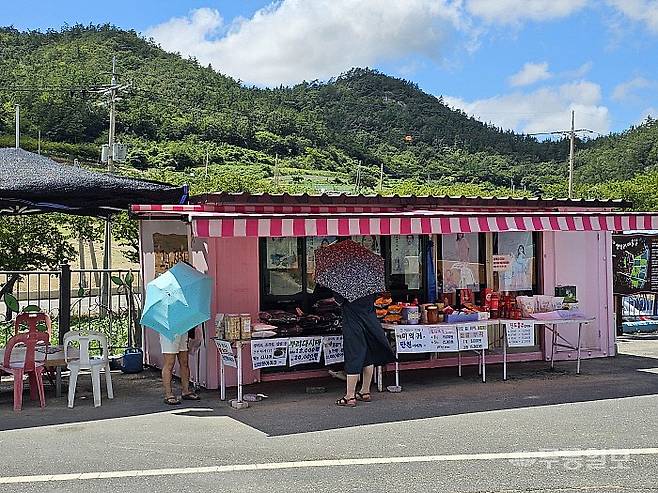 송 씨의 고모 윤자 씨는 마을 입구에서 '고모네 점빵'을 운영하고 있다. 일부 관광객들이 발길을 멈추고 특산물을 구경하는 모습.