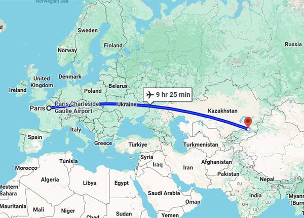 '같은 유럽?' 파리에서 알마티까지 거리.