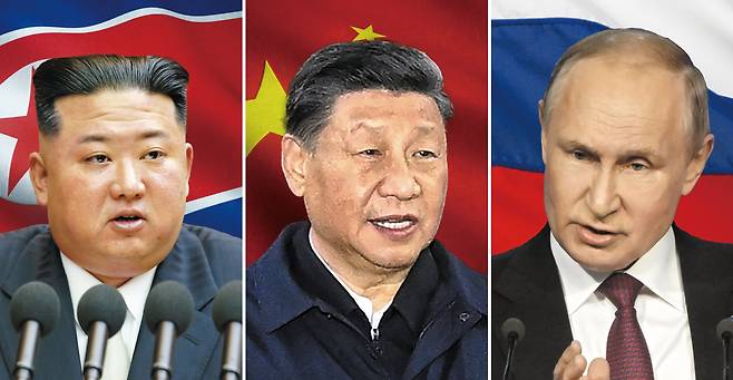(왼쪽부터) 김정은 북한 국무위원장, 시진핑 중국 국가주석, 블라디미르 푸틴 러시아 대통령.