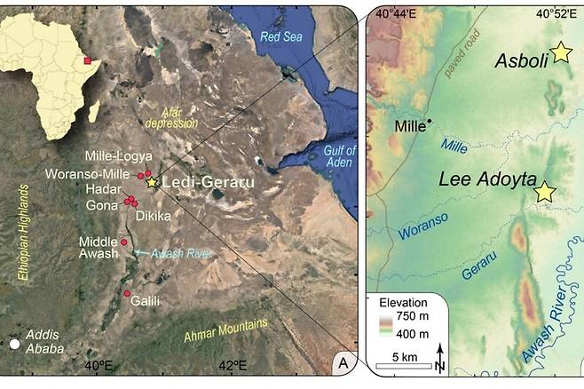 왼쪽은 아프리카의 뿔에 가까이 있는 레디-게라루 지역. 오른쪽은 13개의 치아가 발견된 장소. 애리조나주립대 제공