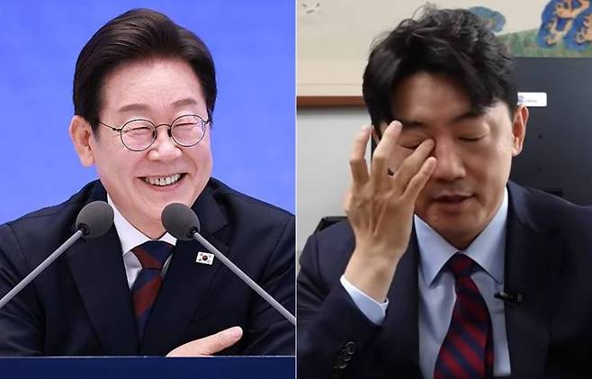 이재명 대통령(왼쪽)·피곤한 듯 눈을 비비는 강훈식 대통령비서실장. 연합뉴스·유튜브 캡처
