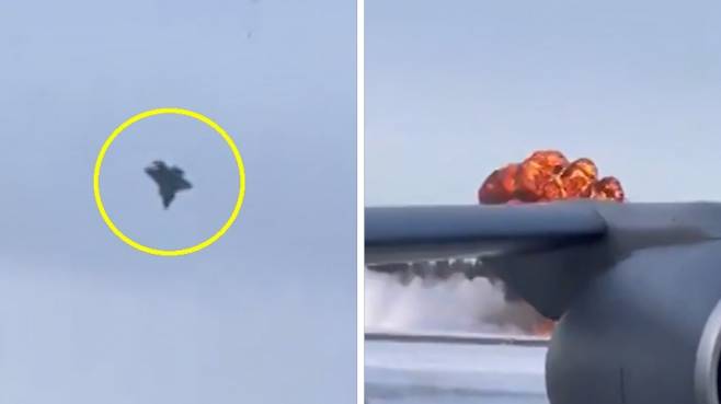 알래스카 에일슨 공군기지 상공에서 추락한 미 공군 F-35 전투기. 기체는 곧바로 폭발하며 전소했고 조종사는 긴급 탈출했다. 출처=엑스