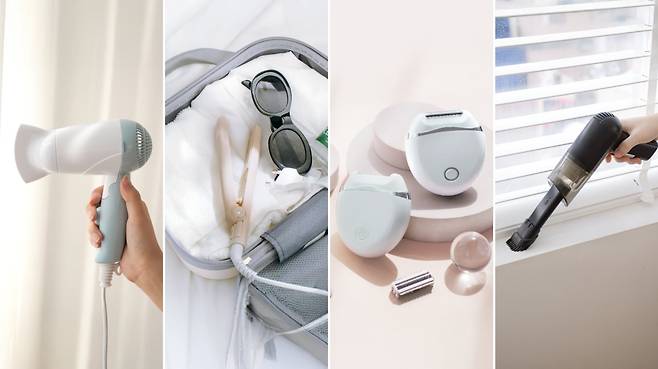 다이소의 8월 신상품. 왼쪽부터 접이식 헤어드라이기,  판 고데기, 전동 바디 제모기, 무선 핸디 청소기. 전부 5000원이다./다이소