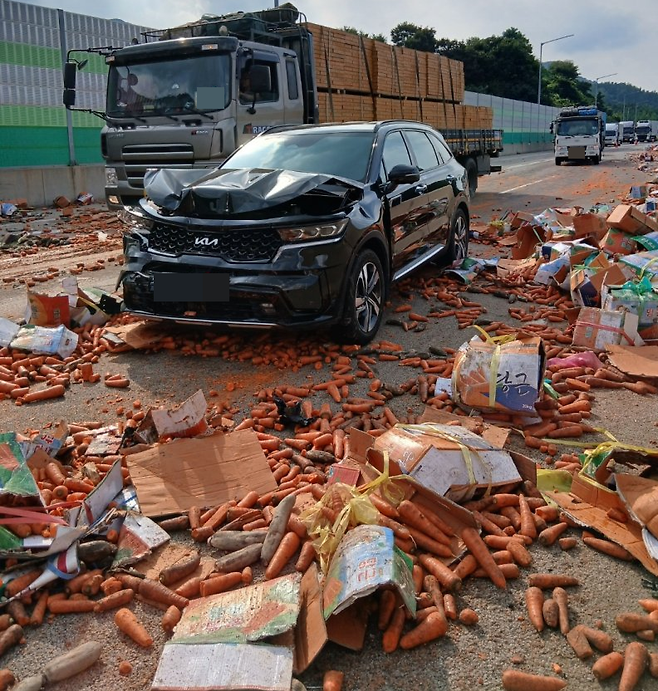28일 오후 3시 44분께 충북 괴산군 연풍리 양평 방향 중부내륙고속도로를 달리던 12t 윙바디 화물차가 중앙분리대를 들이받아 화물칸에 실려있던 당근이 도로에 쏟아져있다./사진=괴산소방서 제공, 뉴스1