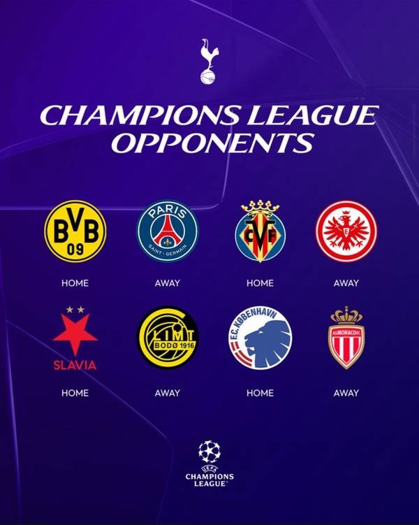 토트넘홋스퍼 UCL 리그 페이즈 대진. 토트넘 인스타그램 캡처