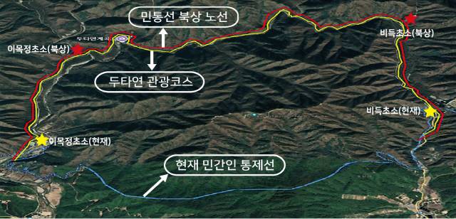▲ 양구군 두타연 관광코스와 연결된 민통선 구간. 이목정·비득초소의 북상(빨간 별)과 울타리·CCTV 설치 등 보완조치가 이뤄질 경우 약 3.41㎢의 토지가 규제에서 풀리게 된다.