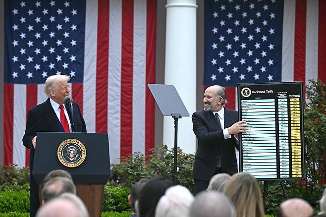 U.S. President Donald Trump delivers remarks on reciprocal tariffs as U.S. Secretary of Commerce Howard Lutnick holds a chart during an event in the Rose Garden entitled ″Make America Wealthy Again″ at the White House in Washington on April 2. Trump geared up to unveil sweeping new ″Liberation Day″ tariffs in a move that threatens to ignite a devastating global trade war. [AFP/YONHAP]