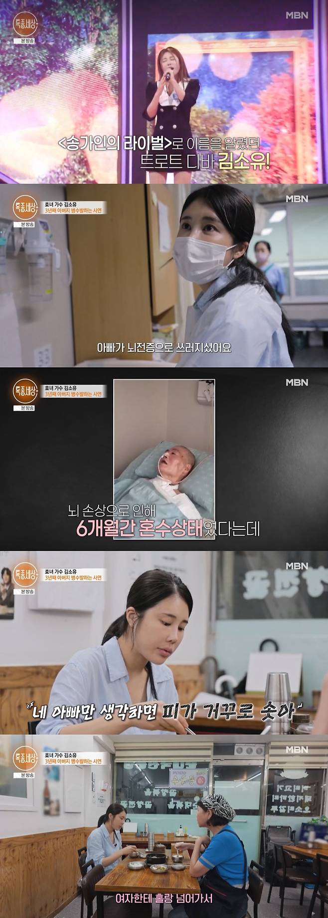 트로트 가수 김소유가 쓰러진 아버지를 3년째 간호하고 있다고 밝혔다./사진=MBN '특종세상' 방송 화면