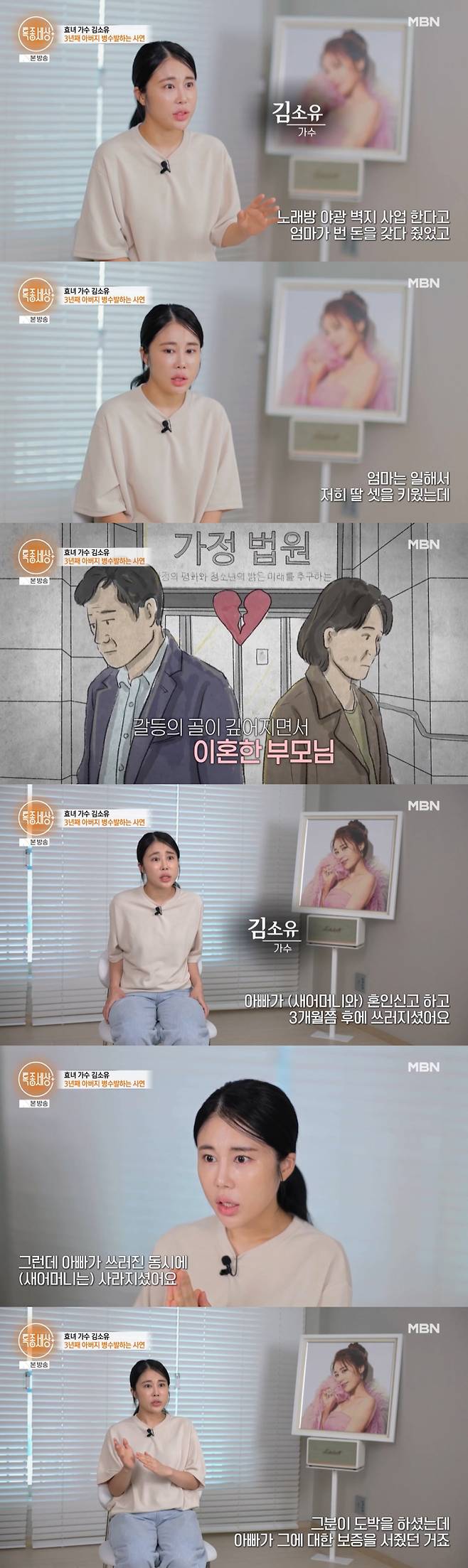 트로트 가수 김소유가 3년 전 쓰러진 아버지 간호하는 걸 어머니가 반기지 않는 이유를 설명했다. 김소유는 과거 아버지의 사기 피해로 어머니와 이혼 후 딸들 몰래 재혼했고, 새어머니에 대한 보증을 서줬다가 아파트를 날리게 됐다고 말했다. /사진=MBN '특종세상' 방송 화면