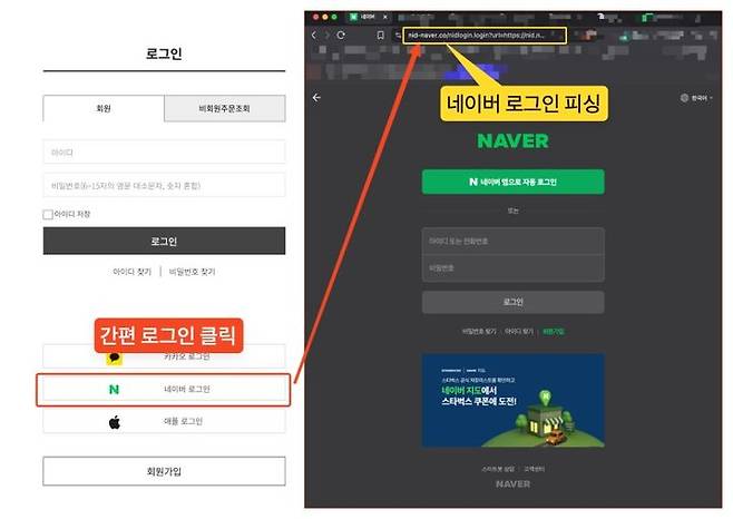 [서울=뉴시스] 네이버 간편 로그인 피싱 예시 (사진=네이버) *재판매 및 DB 금지