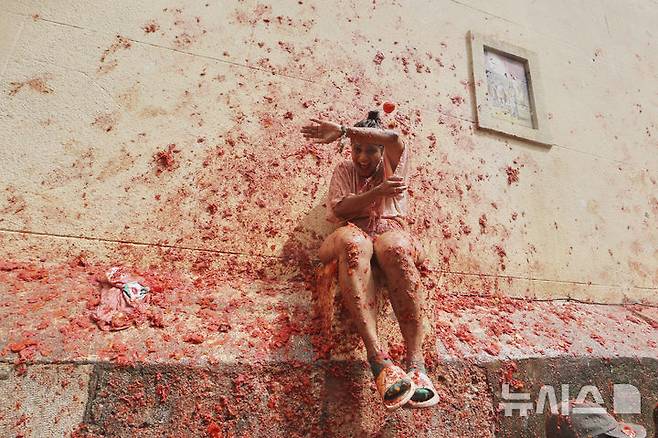 [부뇰=AP/뉴시스] 지난 27일(현지 시간) 스페인 발렌시아 인근 부뇰 마을에서 열린 연례 '라 토마티나' 축제 참가자들이 토마토를 던지고 있다. 이 축제는 매년 8월 마지막 수요일에 열리며 1945년경, 마을 축제 도중 우연히 시작된 토마토 던지기에서 유래한 것으로 알려져 있다. 2025.08.29.