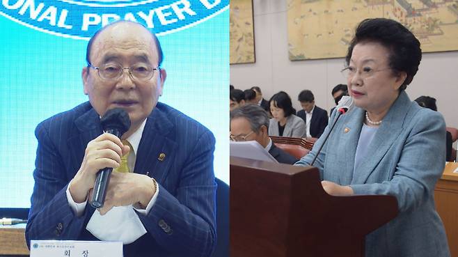 부정청탁 의혹 으로 김건희 특별검사팀으로부터 수사를 받고 있는 서희건설 이봉관 회장(왼쪽)과 국가교육위원회 이배용 위원장(오른쪽). 이들은 각각 대한민국 국가조찬위원회 회장과 부회장을 맡고 있다.