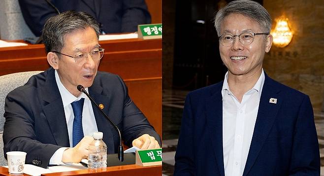 지난 25일 국회 예결위에 출석해 검찰개혁 질의에 답변하는 정성호 법무부 장관(왼쪽)과 지난 27일 취재진 질문에 답하고 있는 민형배 더불어민주당 검찰정상화특위 단장.(출처 : 뉴시스)