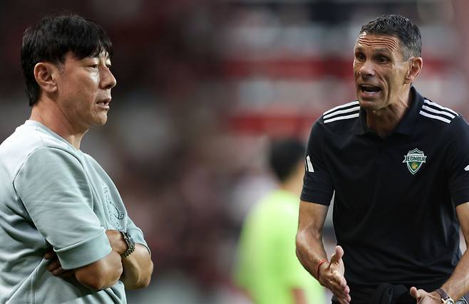 울산과 전북이 30일 오후 7시 울산문수축구경기장에서 하나은행 K리그1 2025 28라운드 맞대결을 벌인다. 사진은 신태용 울산 감독(왼쪽)과 포옛 전북 감독. 사진=프로축구연맹