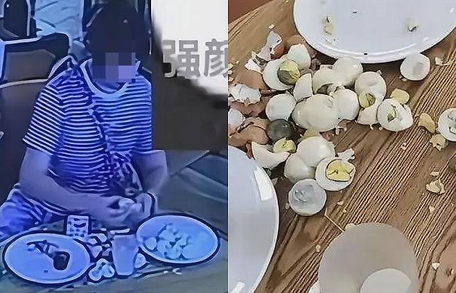 중국 산시성 시안시 한 호텔에서 투숙객 여성이 뷔페에 마련된 삶은 달걀 수십개를 까버리고 사라진 일이 벌어졌다.  /사진=허난법제보(河南法制?) 캡처