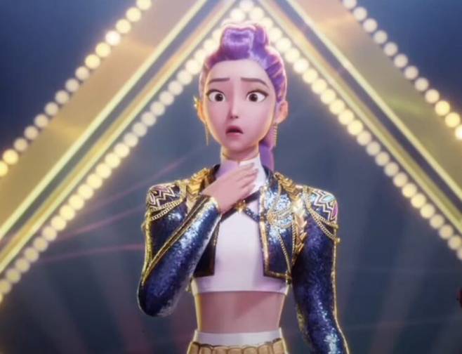 '케이팝 데몬 헌터스'의 주인공 '루미'는 초고음역대 노래를 무리하게 부르다 음이탈이 난다. [사진=넷플릭스]