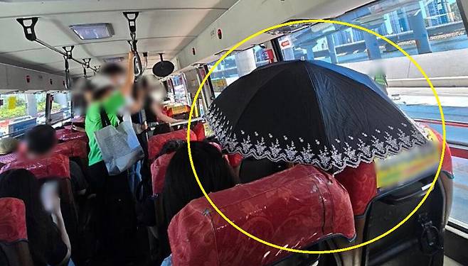시내버스 안에서 양산을 펼친 여성./보배드림