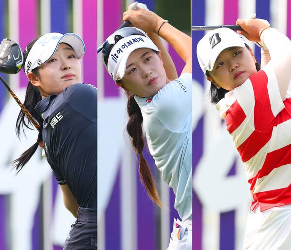 2025년 한국여자프로골프(KLPGA) 투어 제14회 KG 레이디스 오픈 우승 경쟁에 뛰어든 유현조, 한빛나, 신다인 프로가 최종라운드에서 경기하는 모습이다. 사진제공=KLPGA (사진을 무단으로 사용하지 마십시오.)