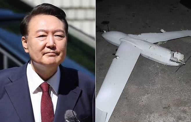 윤석열 전 대통령(왼쪽)·지난 2024년 10월 19일 북한이 평양에서 한국군 무인기 잔해를 발견했다고 주장하며 공개한 사진. 사진공동취재단·연합뉴스