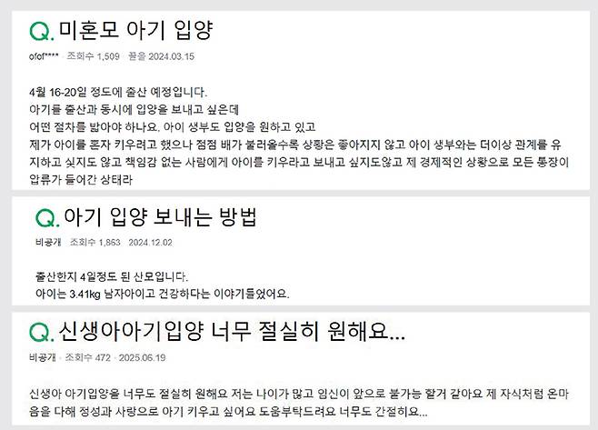 포털사이트에 게시된 아기 입양을 보내고 싶다거나 입양을 원한다는 관련 글 캡처