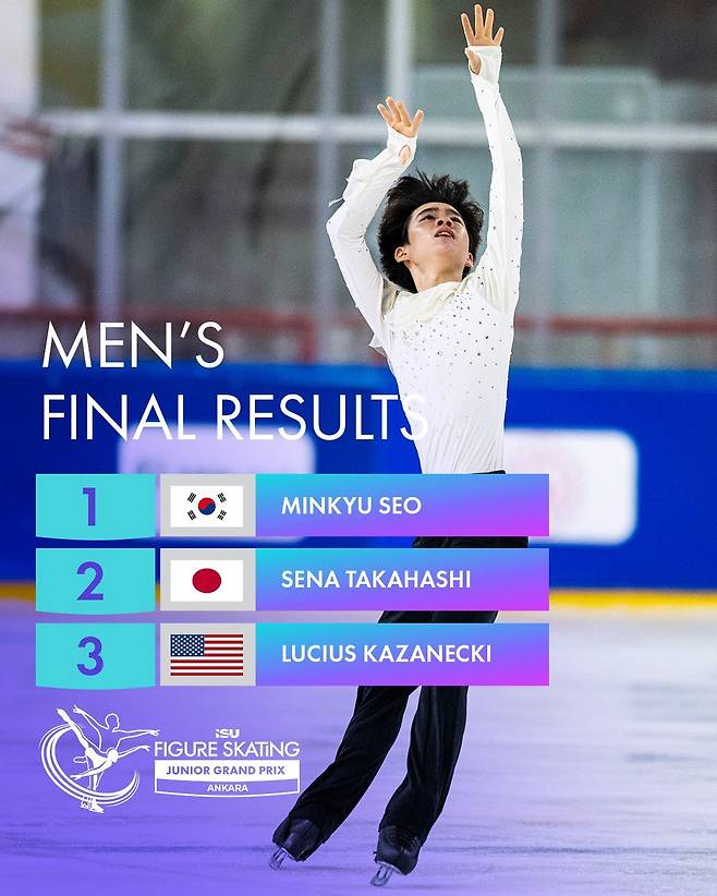 피겨스케이팅 남자 싱글 기대주 서민규가 31일(한국시간) 튀르키예 앙카라에서 막을 내린 2025~2026시즌 ISU 피겨스케이팅 주니어 그랑프리 2차대회 남지 싱글에서 총점 243.27점의 개인 최고점으로 금메달을 목에 걸었다. 사진제공ㅣISU