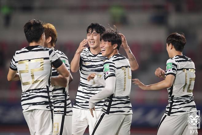 지난 2021년 6월 2022 국제축구연맹(FIFA) 카타르 월드컵 아시아 2차 예선 스리랑카전에 교체로 출전해 A매치 데뷔전 데뷔골을 터뜨렸던 정상빈(오른쪽 두 번째). /사진=대한축구협회 제공