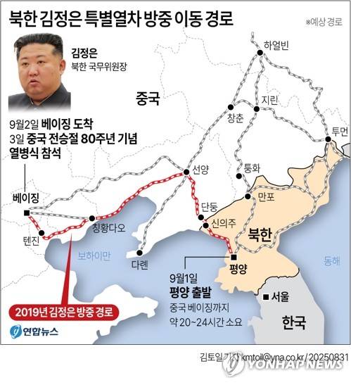 [그래픽] 북한 김정은 특별열차 방중 예상 이동 경로 (서울=연합뉴스) 김토일 기자 kmtoil@yna.co.kr
    페이스북 tuney.kr/LeYN1 X(트위터) @yonhap_graphics