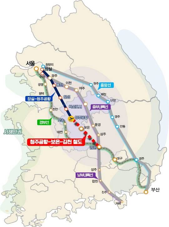 충북도와 경북 김천시 등이 요구하고 있는 청주공항~청주시~보은군~경북 김천시 철도 노선. 충북도 제공