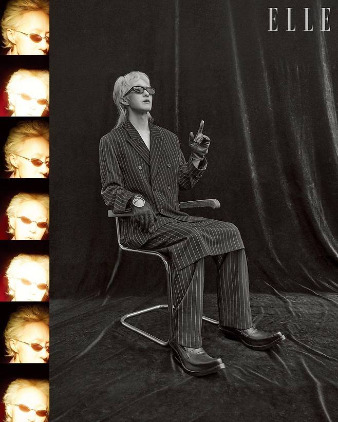 더블 브레스티드 테일러드 재킷은 Ernest W. Baker. 팬츠는 Paul Gaultier. 글러브는 Ernest W. Baker. 슈즈는 Egonlab. 선글라스는 Port Tanger.