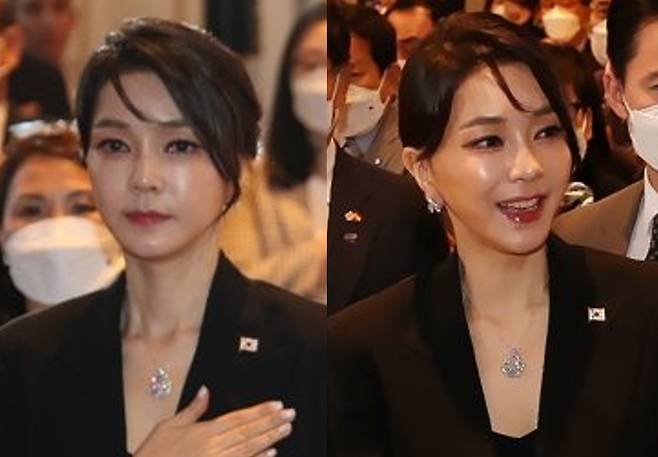 2022년 6월 29일(현지시간) 스페인 마드리드 만다린 오리엔탈 리츠호텔에서 열린 동포 만찬간담회에서 국민의례를 하는 김건희 여사가 반클리프 목걸이를 착용하고 있다. [사진=연합뉴스]