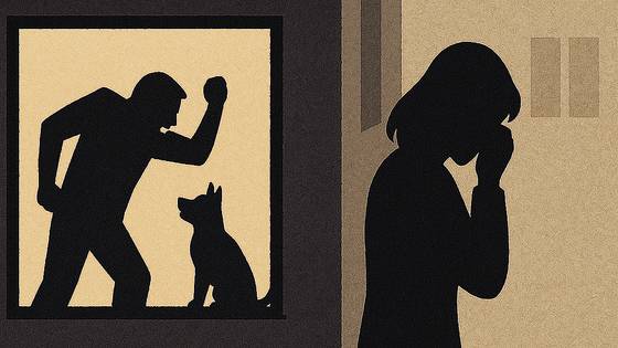 반려견을 두고 나와 임시숙소 입소를 고민하는 관계성 범죄 피해자의 모습을 표현한 이미지. 일러스트 챗GPT