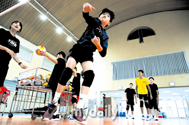 훈련 중인 화성 남양초 배구부 선수들./유진형 기자