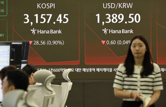 1일 서울 중구 하나은행 본점 딜링룸에서 직원들이 업무를 보고 있다. 이날 코스피는 오전 9시 2분 현재 코스피는 전장보다 26.95포인트(0.85%) 내린 3,159.06이다. 연합뉴스