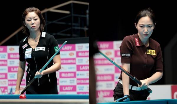 1일 경기도 고양시 고양 킨텍스 PBA 스타디움에서 열린 프로당구 2025~2026시즌 4차투어 'SY 베리테옴므 PBA-LPBA 챔피언십' LPBA 64강전에 출전한 김가영(좌)과 차유람(우). /사진=PBA
