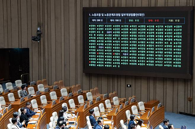 김영훈 고용노동부 장관이 24일 서울 여의도 국회에서 열린 제428회 국회(임시회) 제2차 본회의에서 노동조합 및 노동관계조정법 일부개정법률안(대안) 투표를 지켜보고 있다./뉴스1