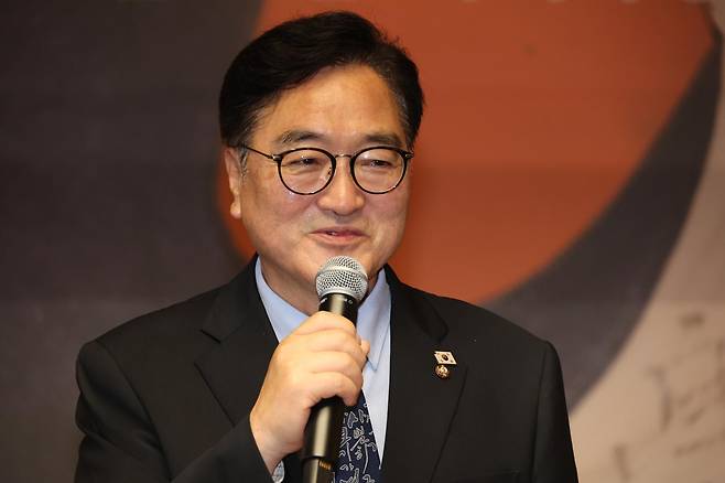 우원식 국회의장이 15일 오후 서울 여의도 국회 사랑재에서 열린 제80주년 광복절 기념 독립운동가 후손 초청 오찬에서 인사말하고 있다. 2025.08.15 서울=뉴시스