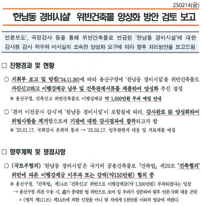 윤건영 더불어민주당 의원이 대통령기록관에서 받은 ‘윤석열 경호처’ 문건. 2022년 서울 한남동 대통령 관저에 불법 건축한 스크린 골프시설 양성화 방안을 검토한 내용이다. 윤건영 의원실 제공