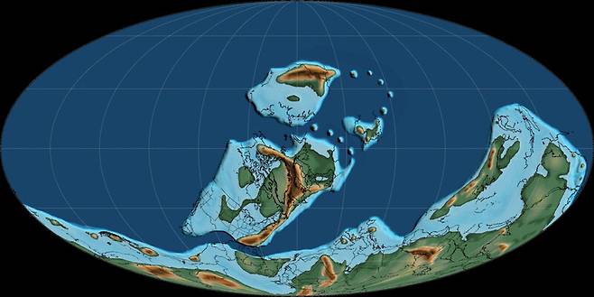 4억년 전 고생대 데본기 전기의 대륙 분포. 맨아래가 곤드와나 초대륙, 그 위가 유라메리카와 시베리아 대륙이다. 위키미디어 코먼스
