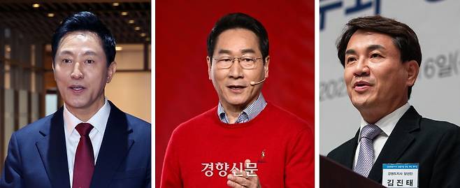 왼쪽부터 오세훈 서울시장, 유정복 인천시장, 김진태 강원도지사. 경향신문