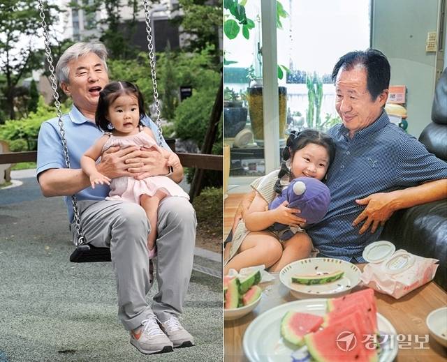 아빠였던 시절 생계에 매달려 아이 곁을 지키지 못했던 남성들이 할아버지가 돼서야 비로소 육아의 주인공이 됐다. 고양특례시의 김정백씨가 손녀 황시엘양을 무릎에 앉히고 그네를 타며 환히 웃고 있다(왼쪽 사진). 수원특례시의 조평호씨가 품에 안긴 손녀 서지민양을 보듬으며 흐뭇한 표정을 짓고 있다. 조주현기자