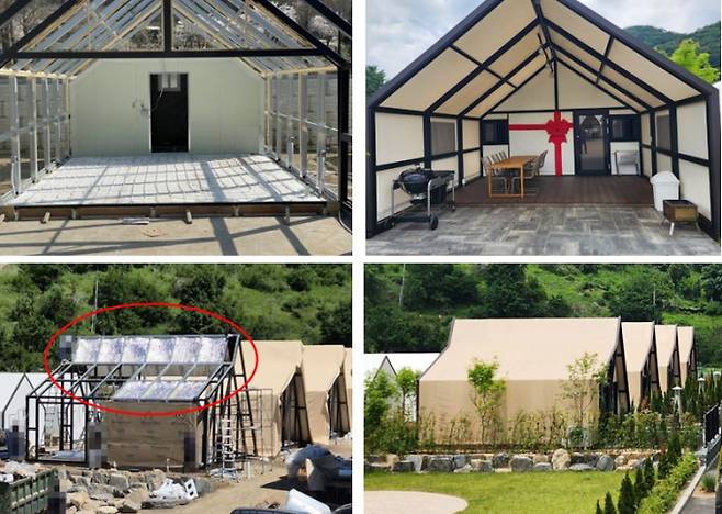 동두천시 안흥동 소재 글램핑장 시공 전후(좌·우 사진) 모습. 단열재로 추정되는 재료를 설치한 것으로 보인다. /사진=김동영 기자