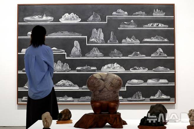 [서울=뉴시스] 박진희 기자 = 국제갤러리는 2일 서울 종로구 국제갤러리 K1에서 갈라 포라스-김(Gala Porras-Kim) 작가의 개인전 '자연 형식을 담는 조건' 기자간담회를 갖고 '수석(壽석 또는 水석)'에 대한 작가의 관심을 바탕으로 한 기술 신작을 선보이고 있다. 2025.09.02. pak7130@newsis.com